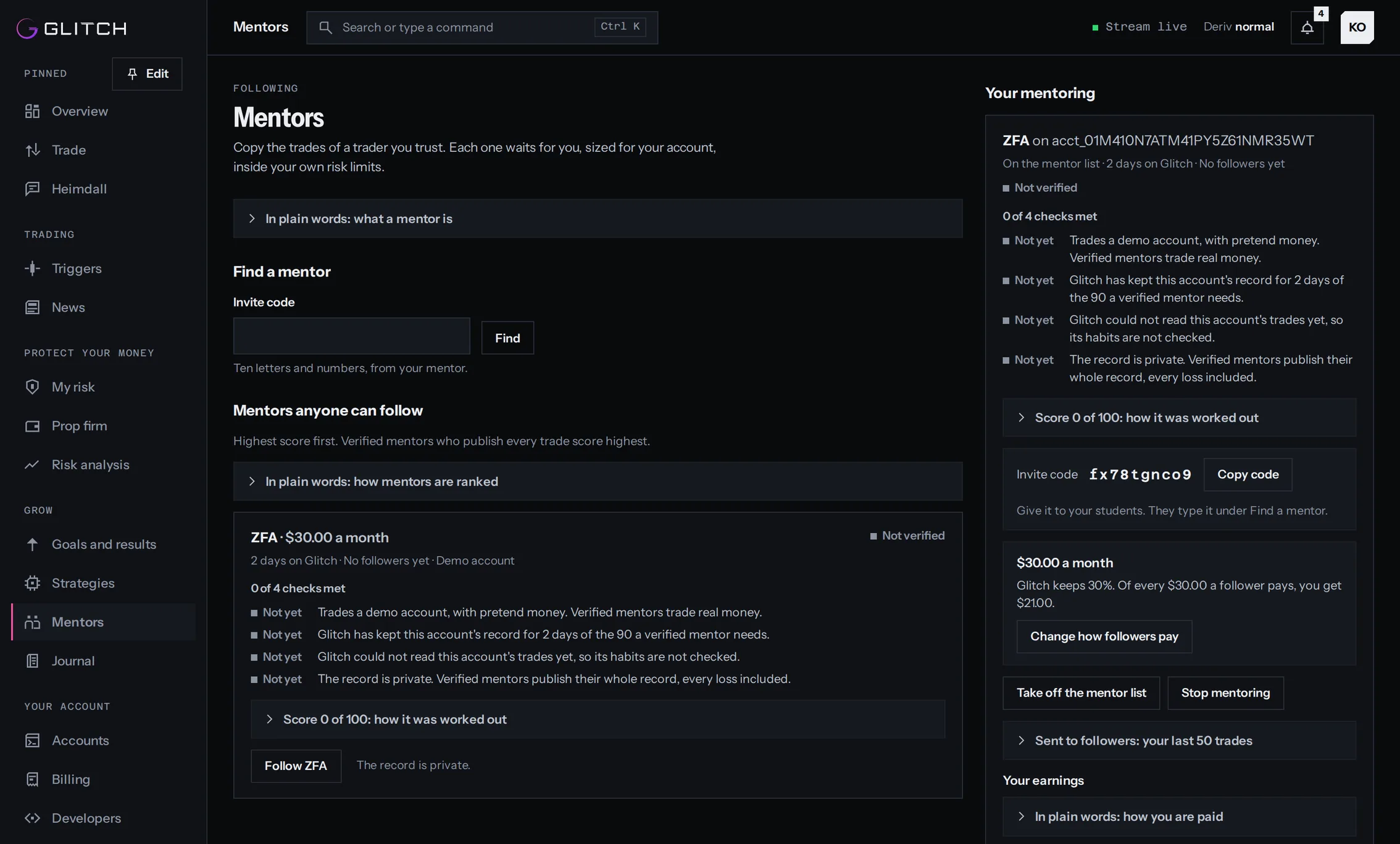Traders you can copy, and a mentor's own page with their invite code