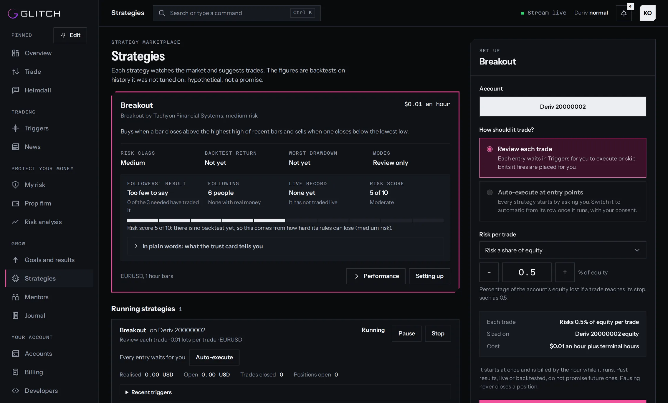 The bot marketplace and the setup for a Breakout bot