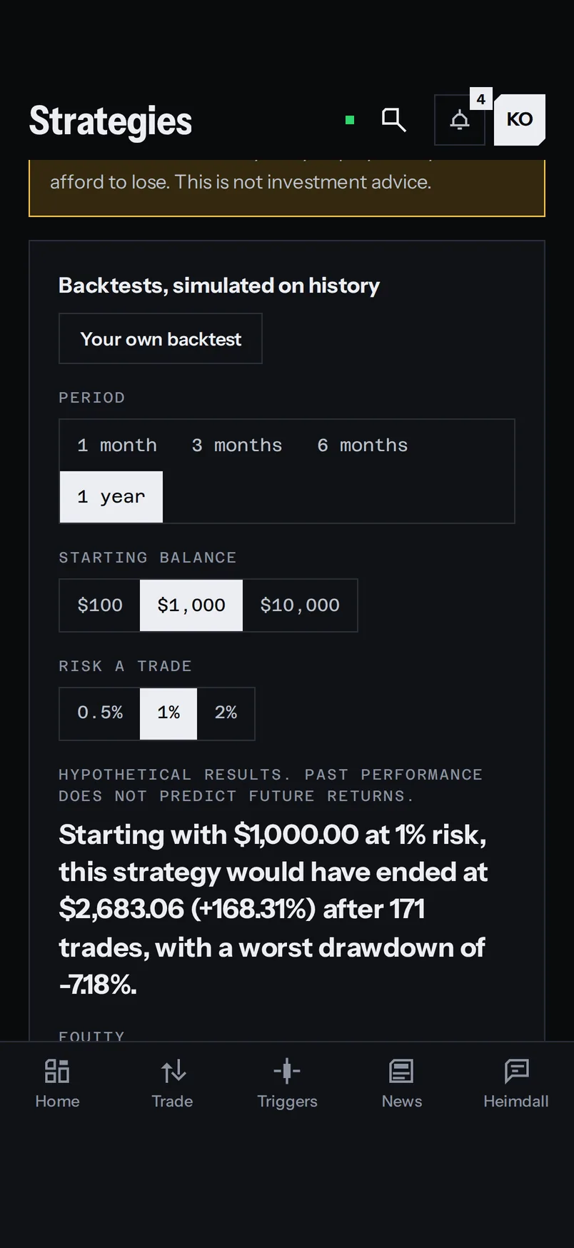 A bot's backtest: what $1,000 would have become over a year, and its equity curve