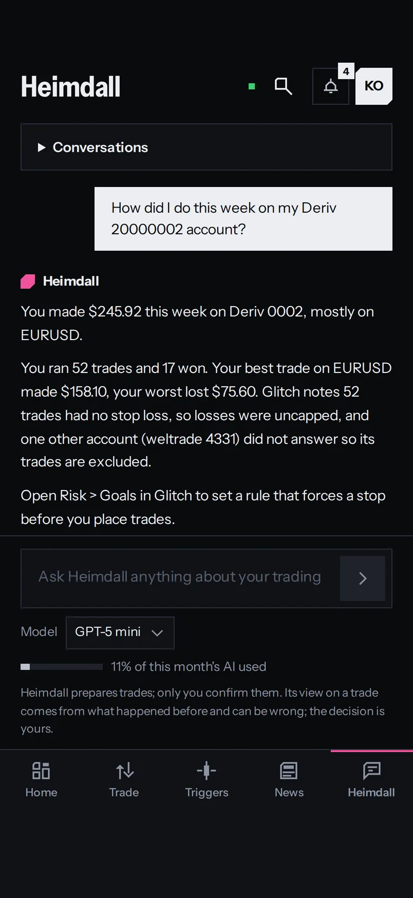 Heimdall, the assistant, summing up the trader's week