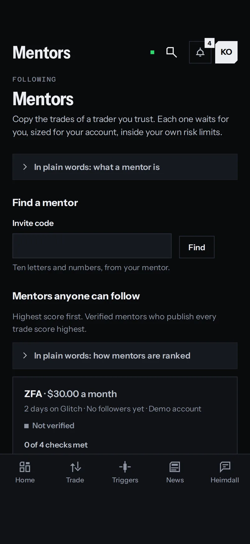 Traders you can copy, each with the checks Glitch has made on them