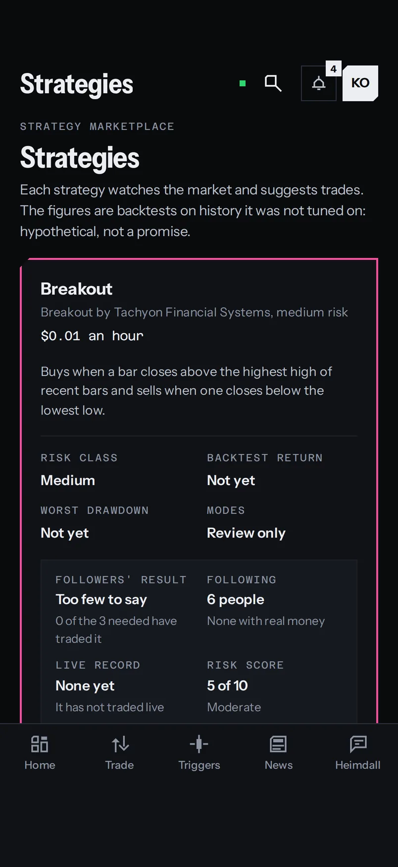 The bot marketplace with a Breakout bot and its risk score