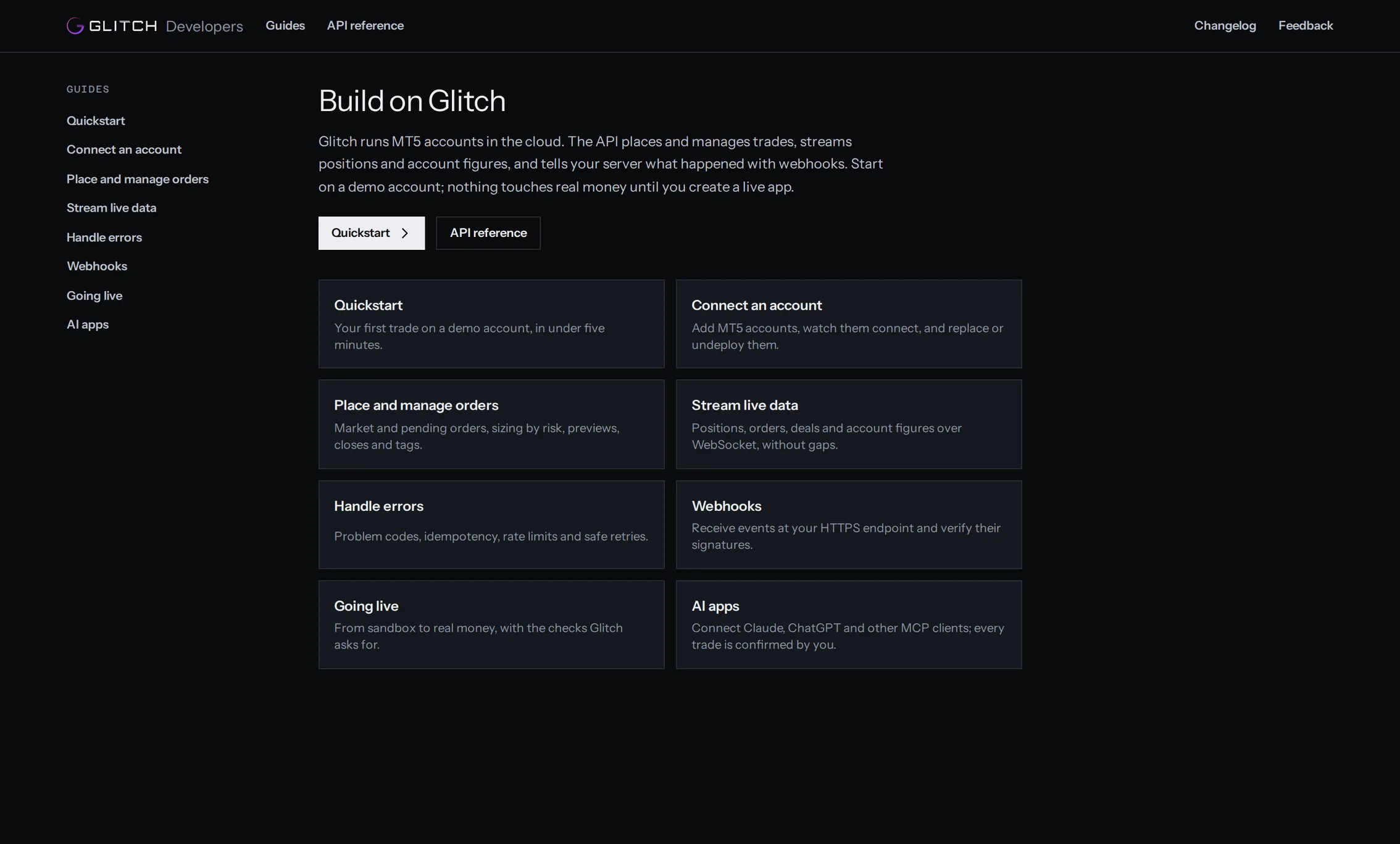 The Glitch developer portal: guides for accounts, orders, live data, webhooks and AI apps